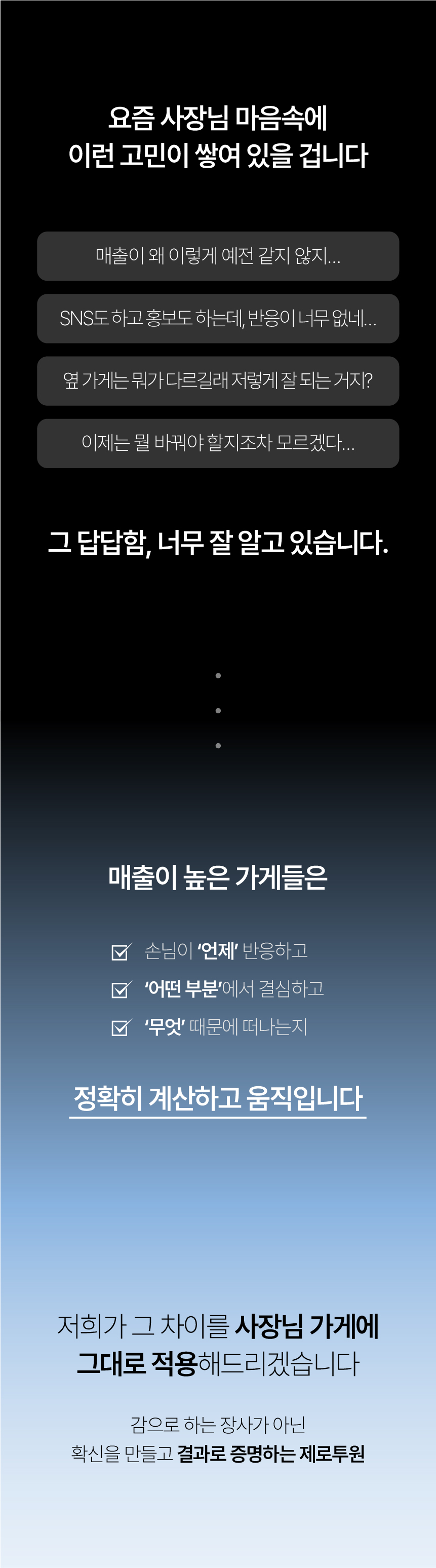 04. 매출, 홍보 반응, 경쟁 가게, 변화 방향에 대한 고민. 손님이 반응하고 결정하고 떠나는 과정을 살펴 가게에 적용합니다.